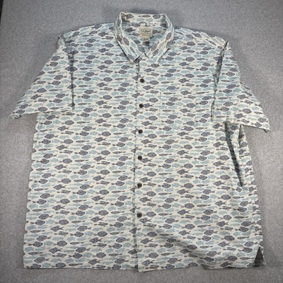 LL Bean Fish Print Tropics Short Sleeve Button-Up Camp Shirt Mens XXL Reg
