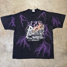 Vtg 90s All Over Print Purple Lightning Biker Babe T-shirt Mens XL Motorcycle