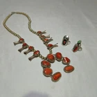 Vintage Signed Sterling Silver Coral Squash Blossom Necklace & 2 Rings 85g 21"