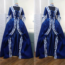 1770s Women Rococo Blue Wedding Dresses Long Sleeves Satin Vintage Bridal Gowns