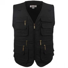 Men's Stone Washed Denim Multi-pocketed Fishing Outerwear Vest (4XL Pure Black)