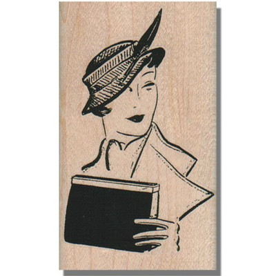 Mounted Rubber Stamp, Pretty Retro Lady With Hat, Woman Face Lips Purse Head sm