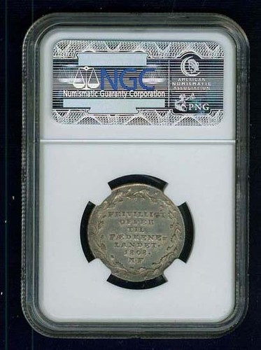 DENMARK FREDERIK VI 1808-MF 1/6 RIGSDALER SILVER COIN, NGC CERTIFIED AU58 - Picture 2 of 4