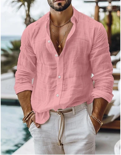 Camisa Para Hombre Algodón Lino Informal Camisas Ajustadas Manga Larga Con Botones Prendas para el torso Blusa - Imagen 13 de 19
