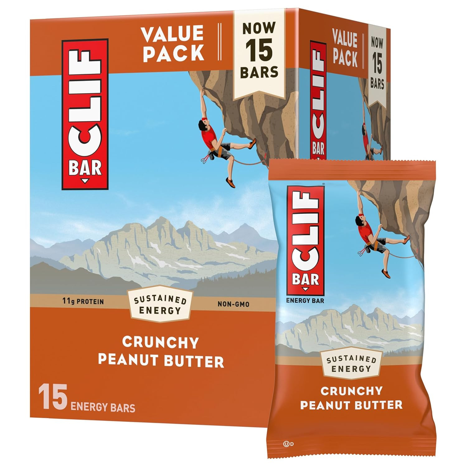 CLIF BAR Crunchy Peanut Butter Energy Bars Non-GMO Organic Oats Protein 15ct
