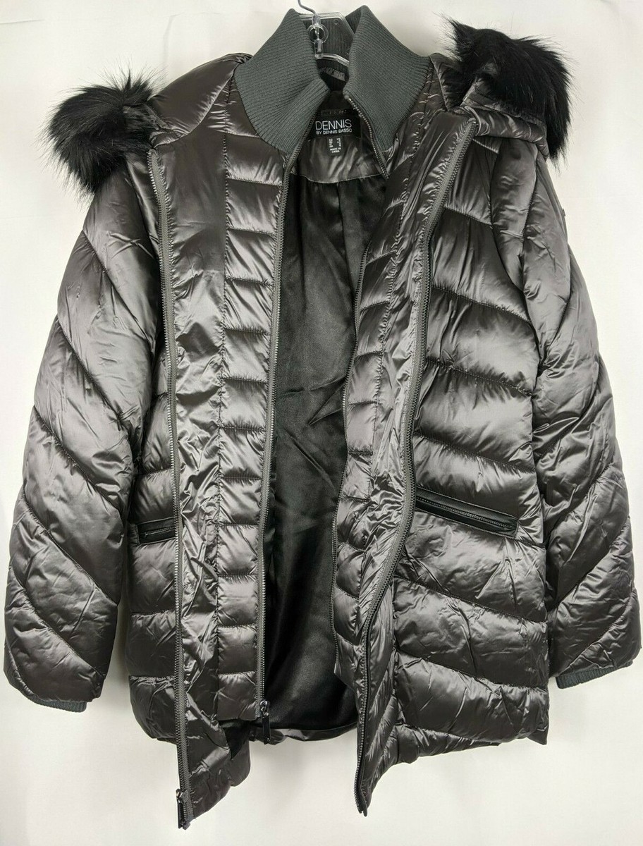 Dennis Basso Water Resistant Hooded Puffer with Faux Fur Trim Gray (XS)  A369861