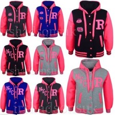 KIDS GIRLS BOYS VARSITY NYC FOX BASEBALL R NEON BRIGHT HOODED JACKET HOODIE 7-13