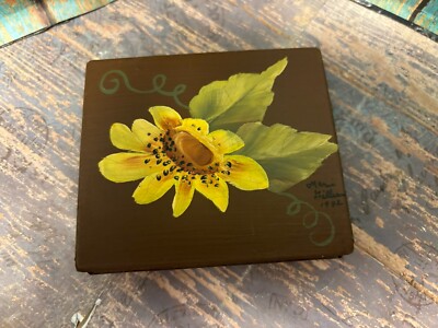 Vintage Dodo Designs England Hand painted Sunflowers Signed Tin Pill/Trinket Box