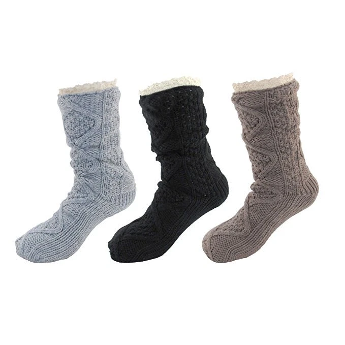 Warm Fuzzy Cozy Thermal Fleece-lined Knitted Non-skid Crew Socks, 3 Pairs Asst H