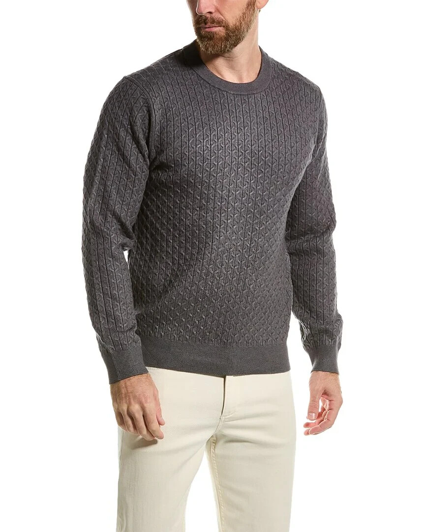 Elie Tahari Cable Crewneck Sweater Men's L Grey Ribbed Trim