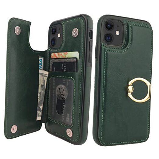 for iPhone 11 Wallet Case with Card Holder, 360° Rotation Ring Kickstand Green