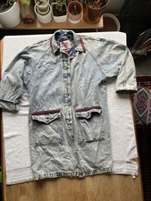 Vintage Gitano 1980s 90s Size L Acid Wash Blue Denim Zip Long Coat Jacket Aztec
