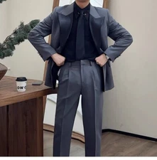 Men's Suit 2 Pieces Grey Design Fashion Gun Barge Collar Casual Groom Suit