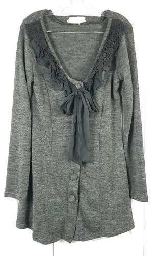 AREVE womens size L gray black ruffled crochet trim cardigan sweater jacket - 第 1/6 張圖片