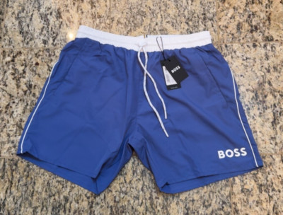 HUGO BOSS Men's Drawstring HUGO Swim Shorts Blue White Pockets NEW 50223662