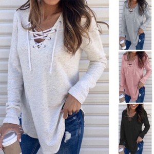 Women-V-Neck-Long-Sleeve-T-Shirt-Casual-Criss-Cross-Blouse-Loose-Drawstring-Tops