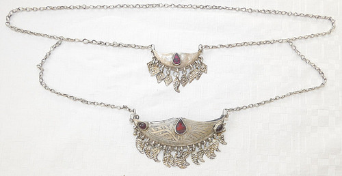 Islamic Antique Kashkul (Begging Bowls) Silver Amulet Necklace, red glass stone