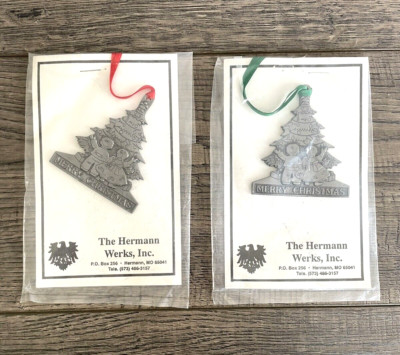 2 The Hermann Werks Pewter ? Christman Day Ornament Tree Kids Children Red Green