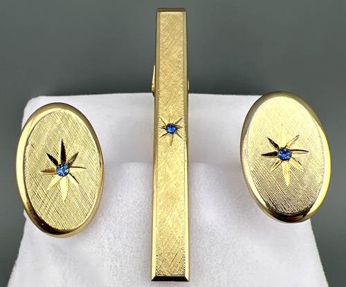 Vintage Cufflinks Tie Clip Set Blue Rhinestone Starburst Brushed Gold Tone Avon