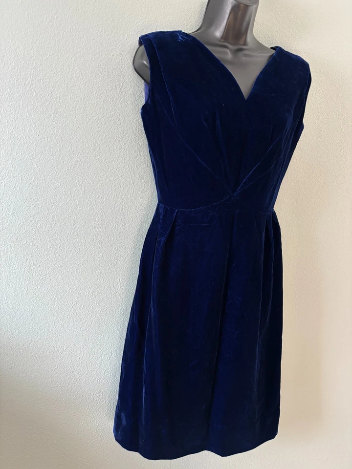 ¡Vintage! Vestido de Terciopelo R&K Original Azul Marino Cuello en V Cremallera Cierre Espalda Sin Mangas Foto 3 de 4