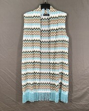 BASICALLY ME Aqua/Brown RETRO CHEVRON Knit FRINGE HEM Open-Front DUSTER VEST M/L