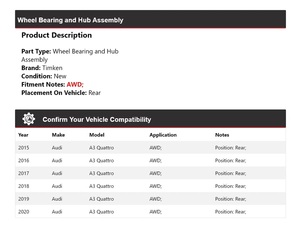 Conjunto de cojinete de rueda y buje trasero Timken para Audi A3 Quattro 2015-2020 AWD Foto 2 de 4