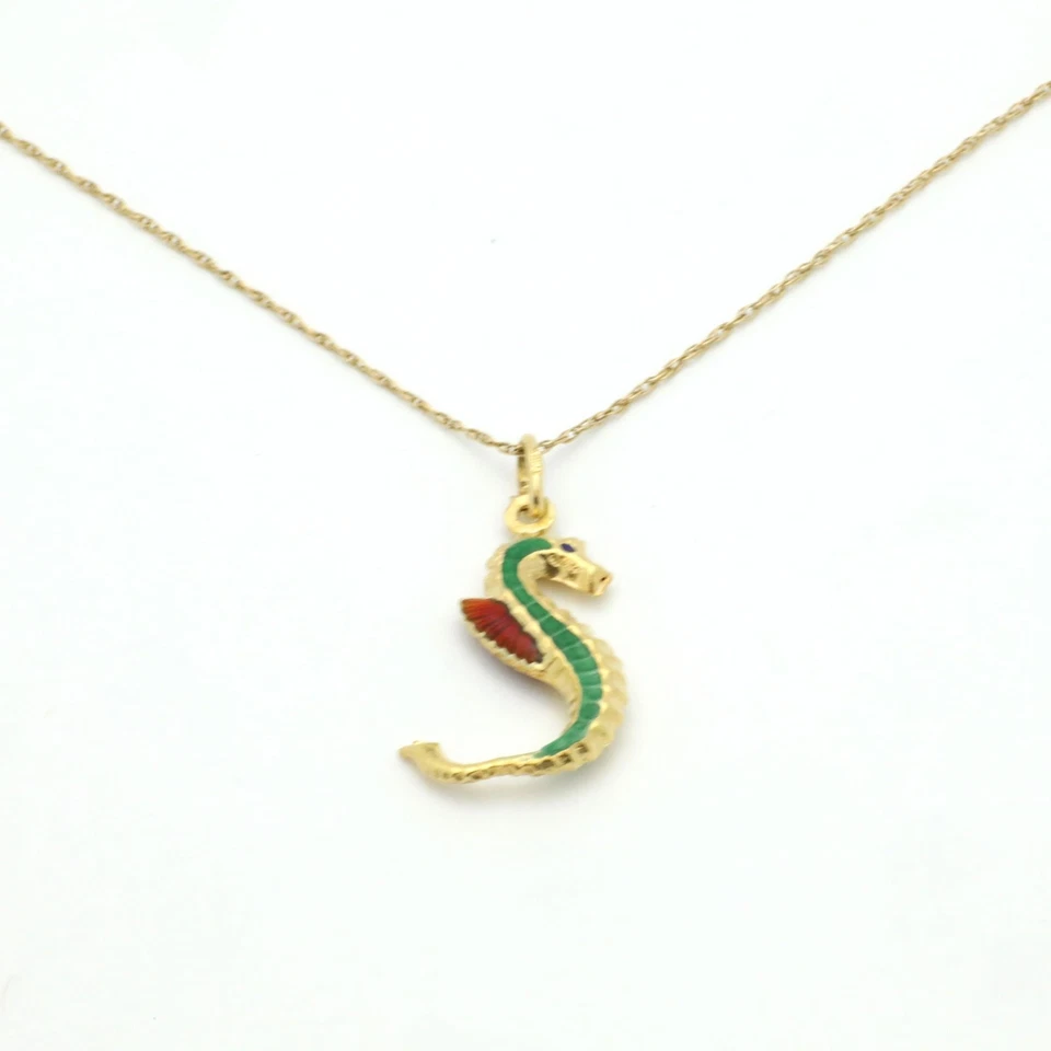Colgante/dije vintage de caballito de mar esmalte verde/naranja de oro amarillo de 14 quilates de los años 70 Foto 3 de 4