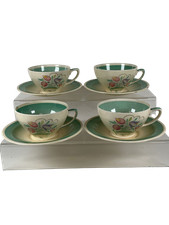 Susie Cooper Green Dresden Spray Floral Tea Cups & Saucers Set Burslem England