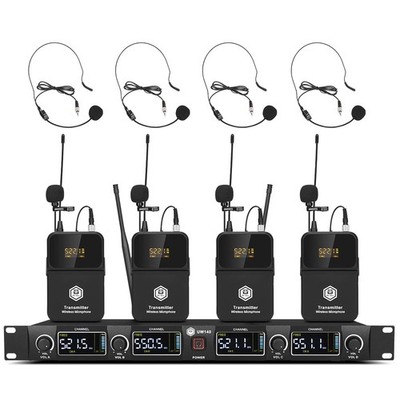 UHF Wireless Microphone System   4 Channel, 260ft Range, Lavalier & Headset M...