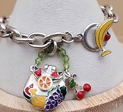 Vintage Fruit Themed/Banana/Cherry/Grape/Orange/Opening Purse  7.5'' Bracelet 