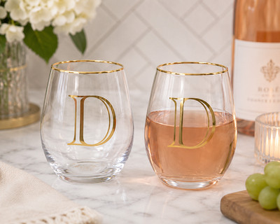 Monogram D Stemless Wine Glass Pair Gold Wedding Bride Housewarming Hostess Gift