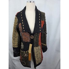 Boho Patchwork Knit Cardigan Sweater Bead Embroidered Multi Color sz small