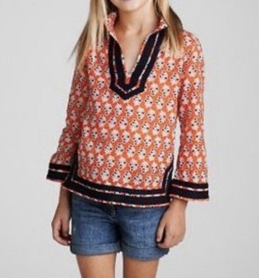 TORY BURCH Girl s Sz XS Orange / Navy Blue Tunic Top (100% Cotton)