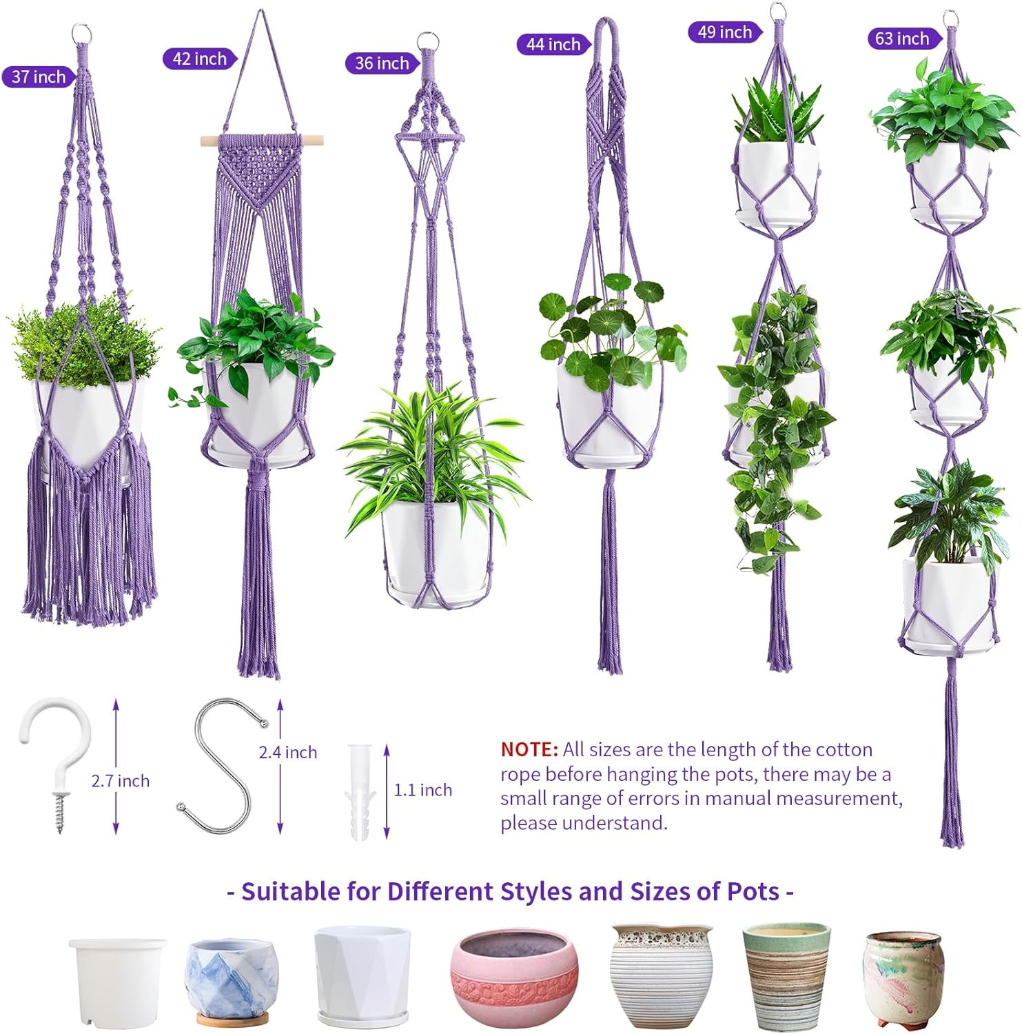 Macrame Plant Hangers, 6Pack Hanging Planters for Indoor Plants W/ 6 Set Hangers