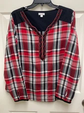 Rebecca Malone Woman's Red Black Plaid Peasant Top Blouse Size 1X  100% Cotton