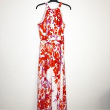 Eliza J red orange purple white floral halter maxi dress size 10