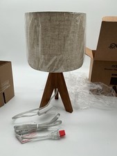 EDISHINE Small Table Lamp, Wooden Tripod Rustic Bedside Table Bark Linen Shade,
