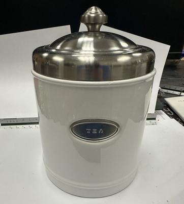 Williams-Sonoma 16 oz White Ceramic Tea Canister, Round, Silver Metal Lid