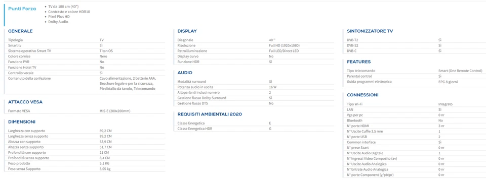 Philips Smart TV 40" Full HD Titan OS Classe E 40PFS6000/12 EAN 8718863045992 - Immagine 4 di 4