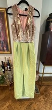 Sachin & Babi Sequined dress gown Green w/ gold sequin SAMPLE guessing Sz 0/2