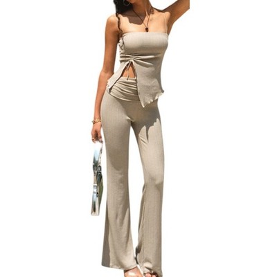 Commense Ribbed Two Piece Set Beige XL | Sleeveless Tie Top & Flared Pants NWT