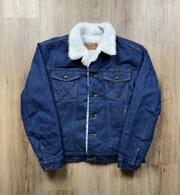 VINTAGE Wrangler Sherpa Lined Denim Trucker Jacket Size Medium Western Heavy