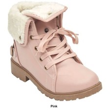 Olivia Miller Pink Faux Fur Fold Over Cuff Ankle Boots Girls Size 5 Lace up NEW
