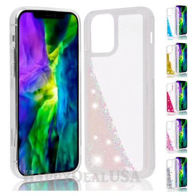 For Apple iPhone 12 - Waterfall Glitter Heart Liquid ShockProof TPU Cover Case