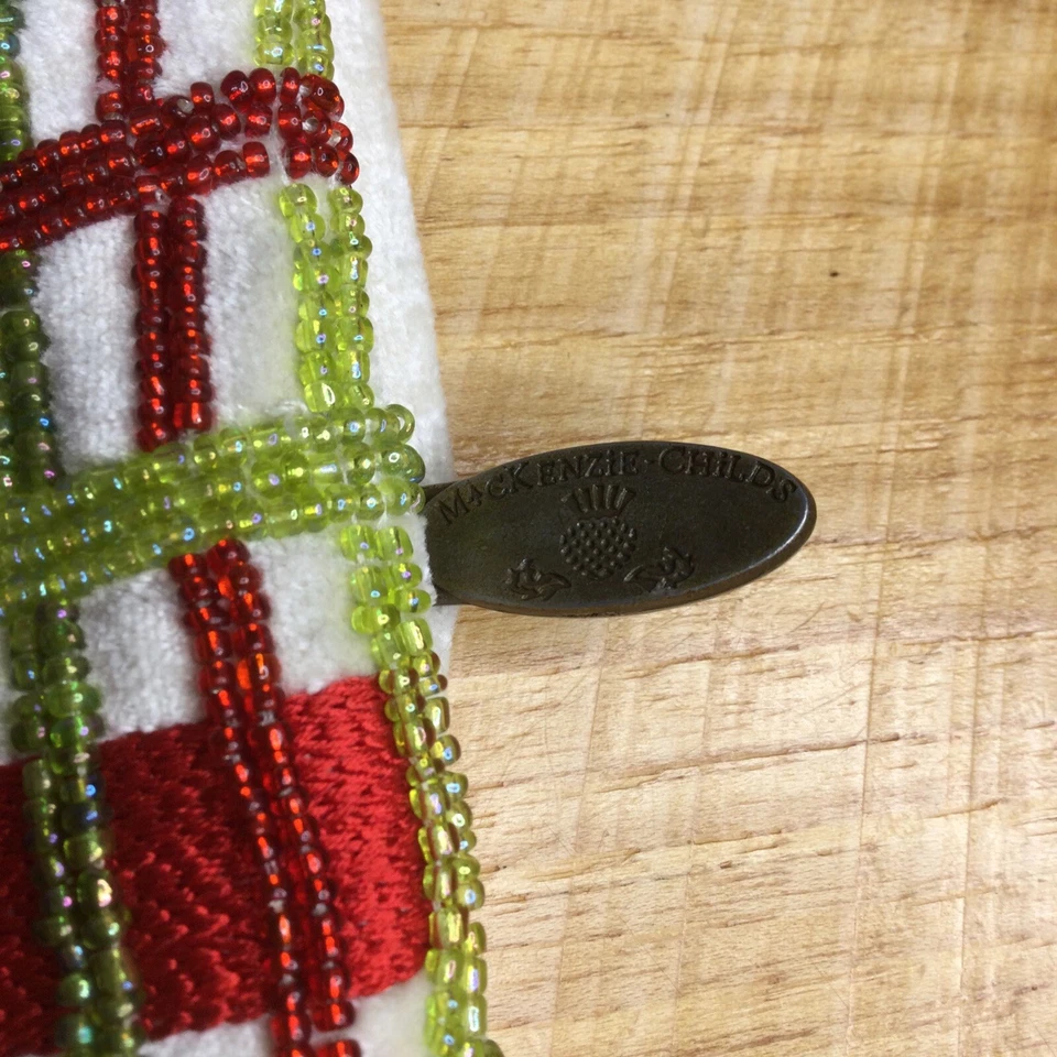 MacKenzie Childs Holiday Tartan Beaded Throw Pillow Case Plaid 14x14.25" - Image 2 of 4