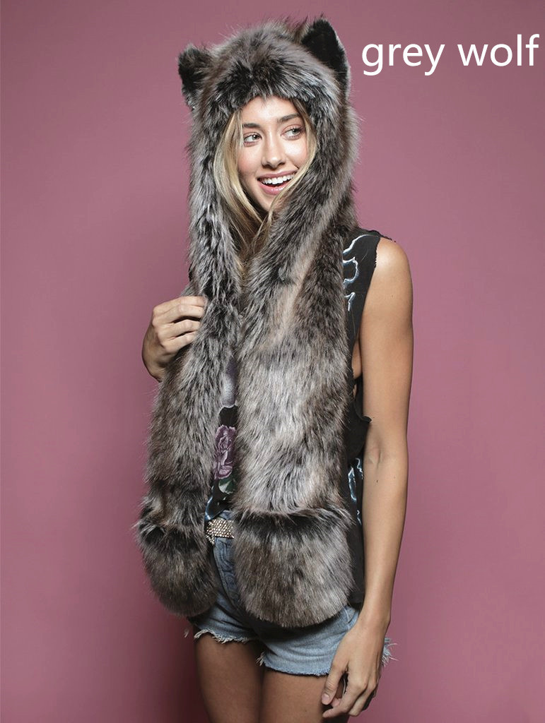 Grey Wolf Faux Fur Animal Ears Hat Gloves Mittens Long Scarf Snood