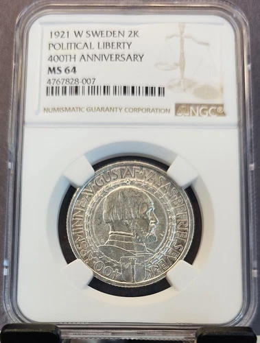 1921 SWEDEN SILVER 2 KRONOR POLITICAL LIBERTY 400TH ANNIVERSARY NGC MS 64 BU