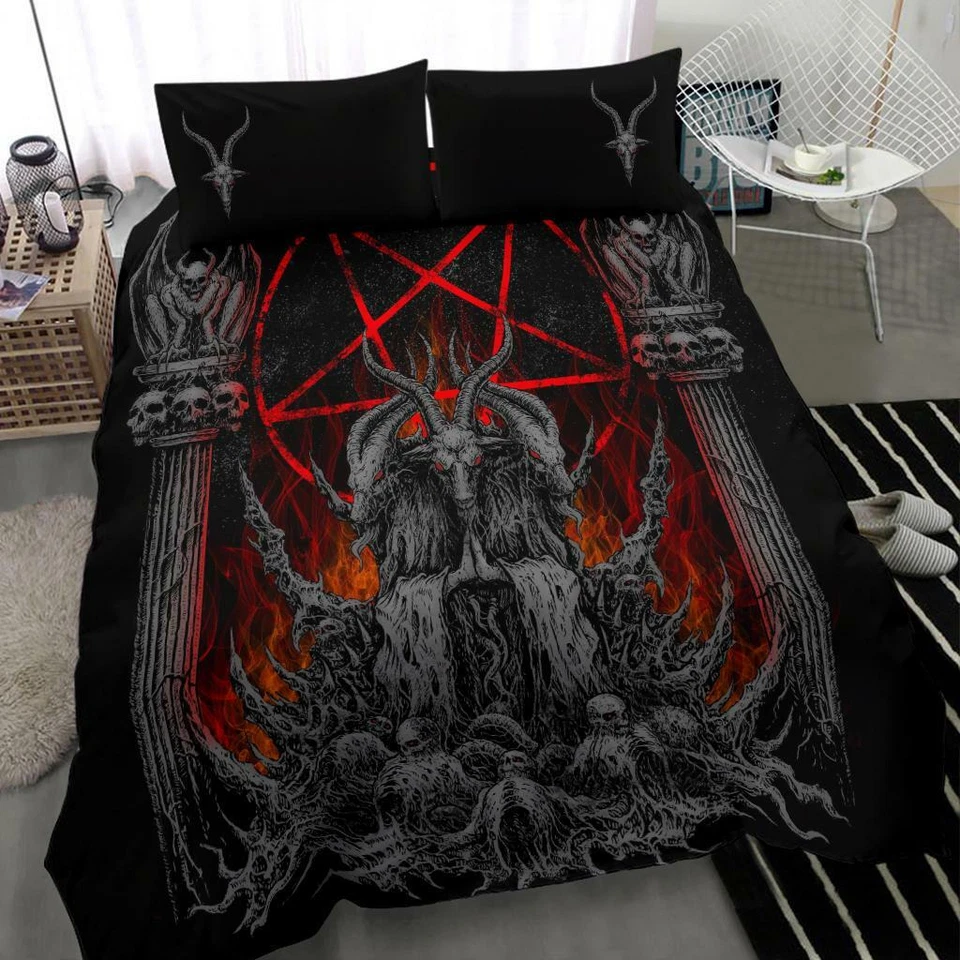 Juego de edredón de 3 piezas calavera cabra satánica pentagrama invertido demonio alado llama plateada Foto 2 de 4