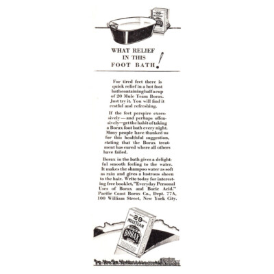 1929 Borax: What Relief In This Foot Bath Vintage Print Ad