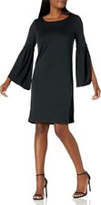 Tribal Women's Textured Knit Long Bell Sleeve Shift Dress - Size Small BLACK